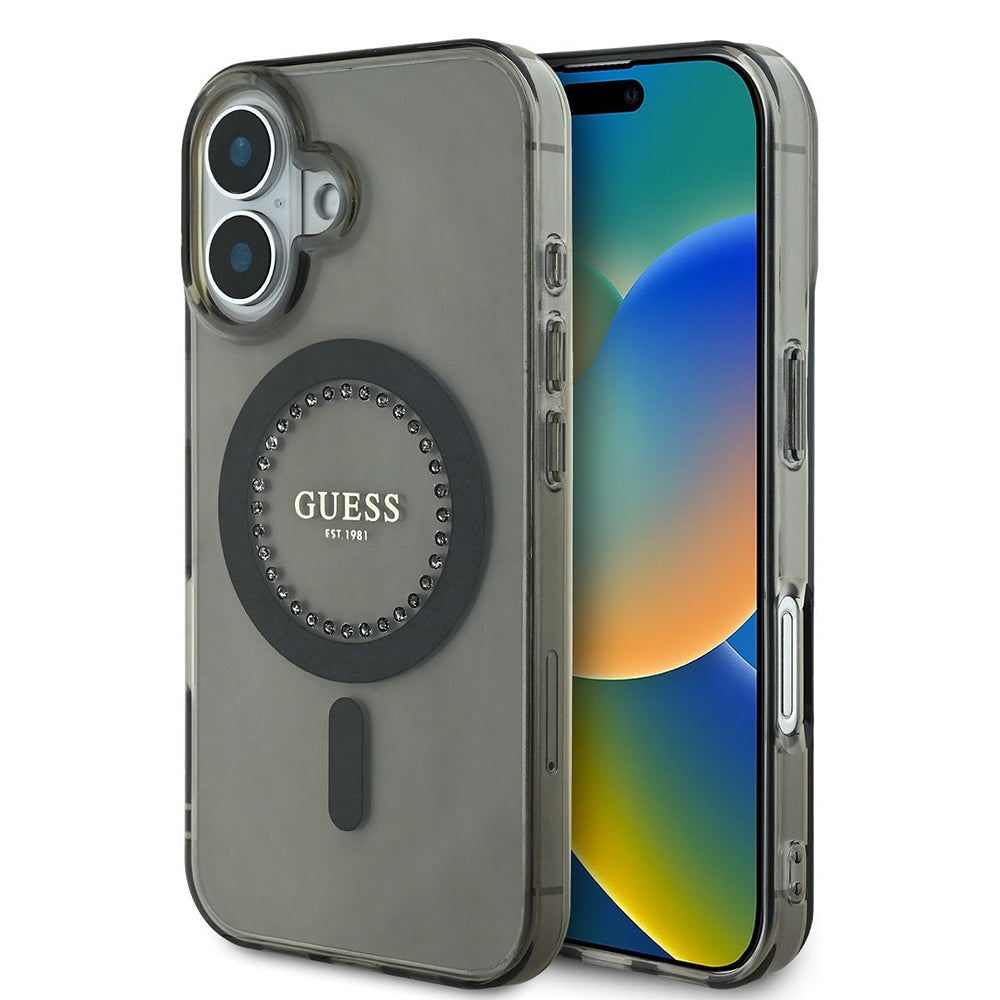 Custodia MagSafe per Apple iPhone 16, Guess, IML Rhinestone, Nera