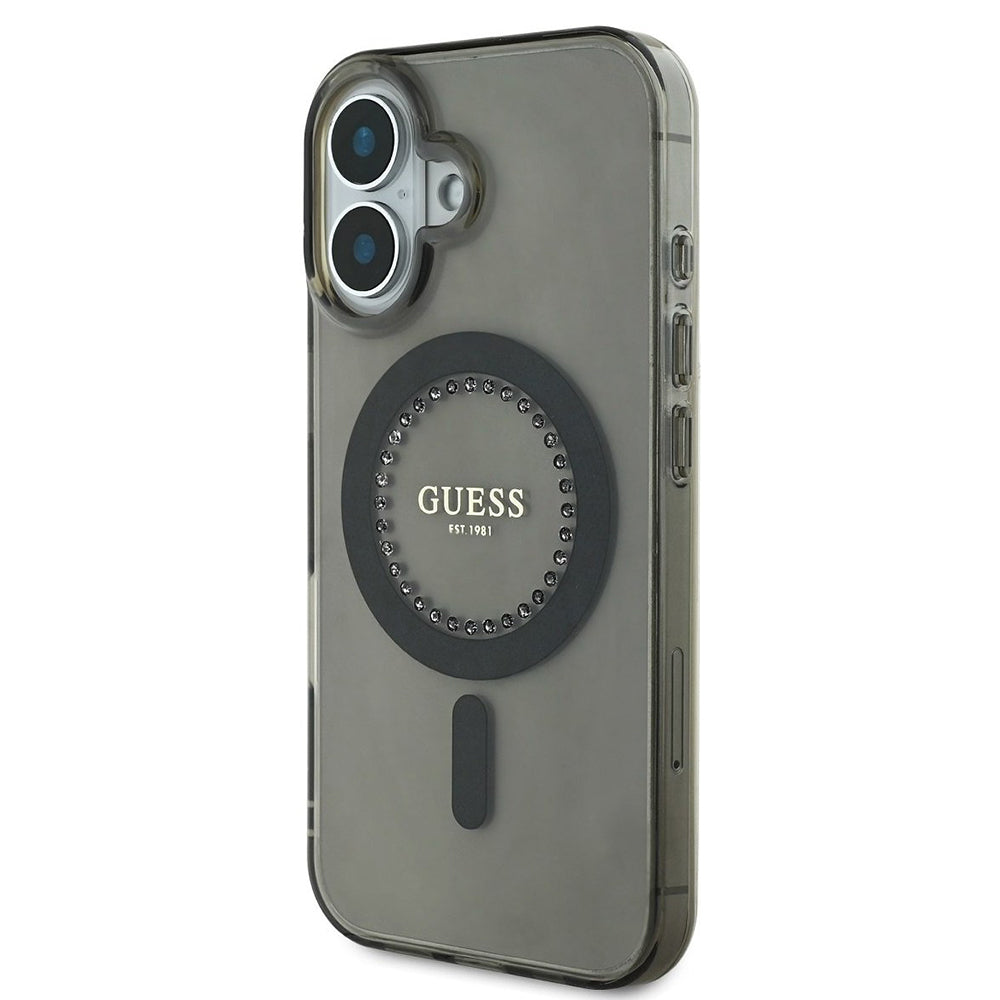 Custodia MagSafe per Apple iPhone 16, Guess, IML Rhinestone, Nera