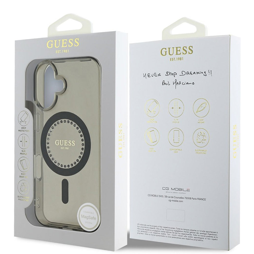 Custodia MagSafe per Apple iPhone 16, Guess, IML Rhinestone, Nera