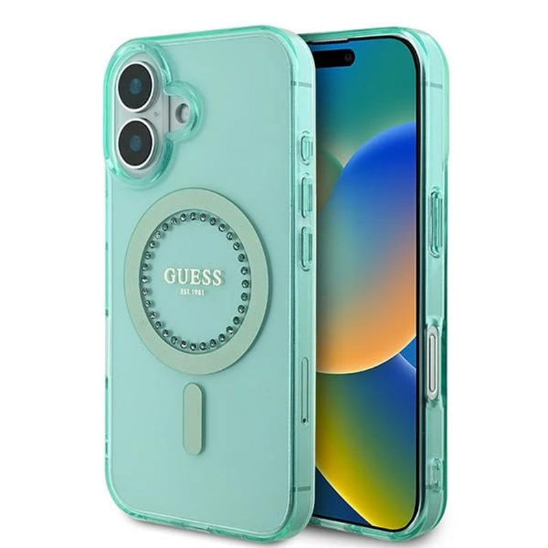 Custodia MagSafe per Apple iPhone 16, Guess, IML Rhinestone, Verde