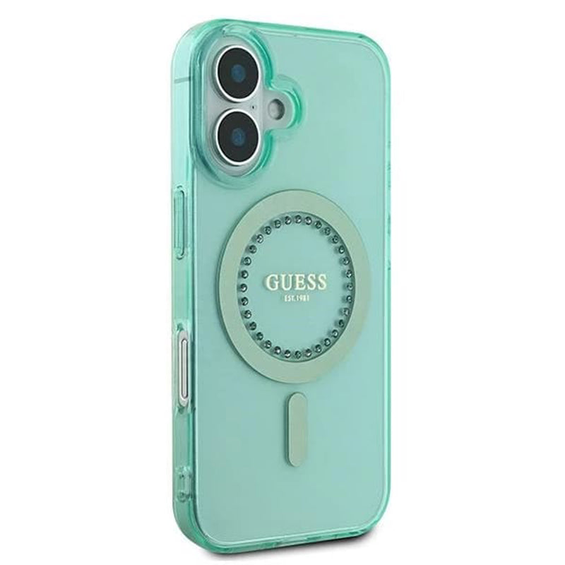 Custodia MagSafe per Apple iPhone 16, Guess, IML Rhinestone, Verde