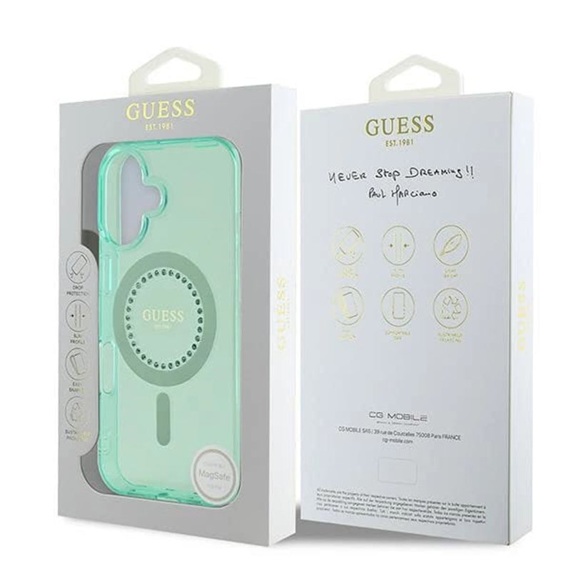 Custodia MagSafe per Apple iPhone 16, Guess, IML Rhinestone, Verde