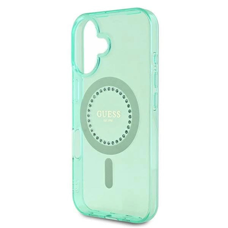 Custodia MagSafe per Apple iPhone 16, Guess, IML Rhinestone, Verde