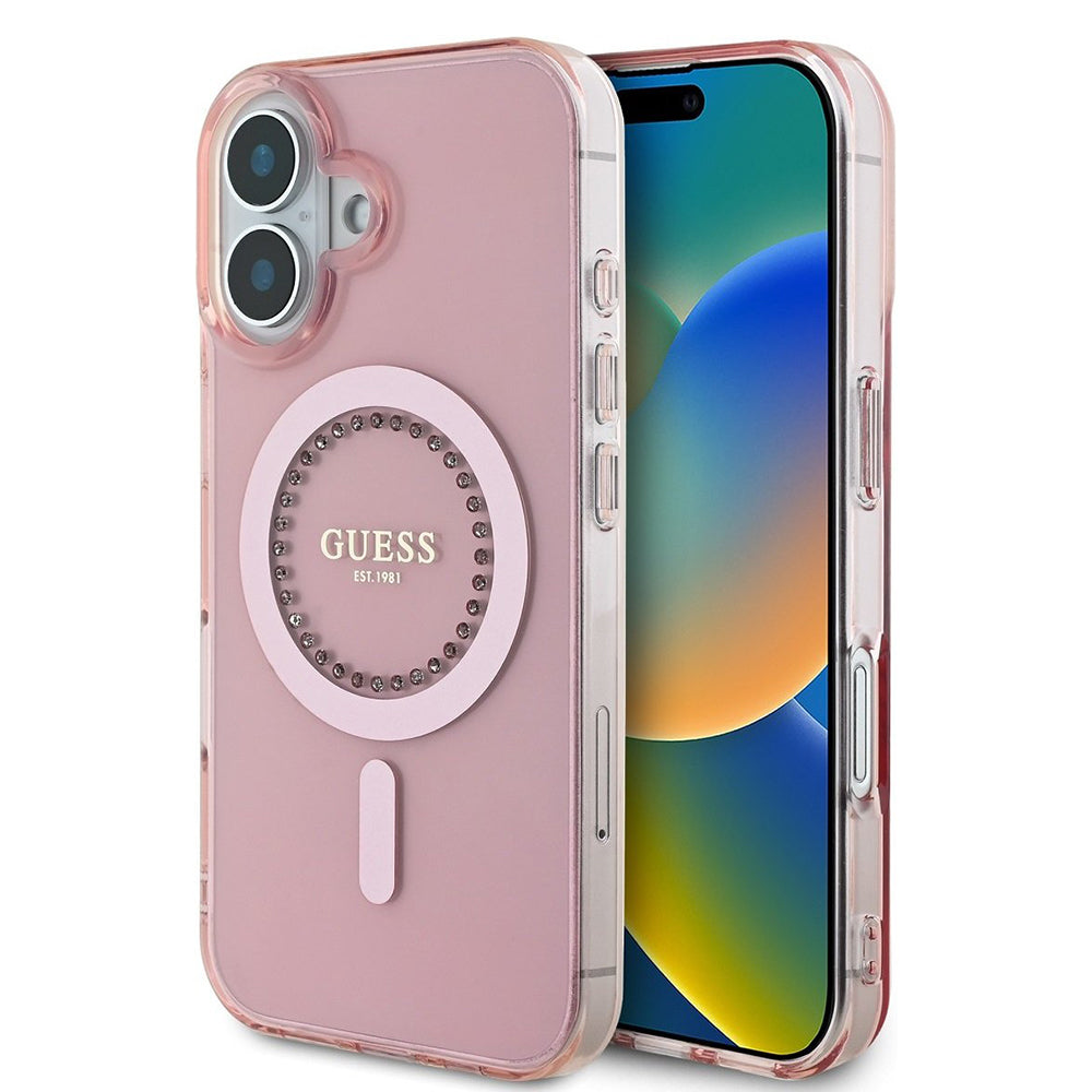 MagSafe Case for Apple iPhone 16, Guess, IML Rhinestones Ring, Pink GUHMP16SPFTDTEP
