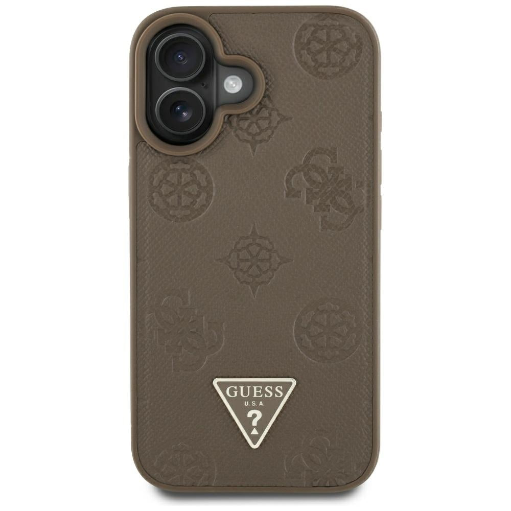 Custodia MagSafe per Apple iPhone 16, Guess, Peony Grained Hot Stamp Triangle, Marrone