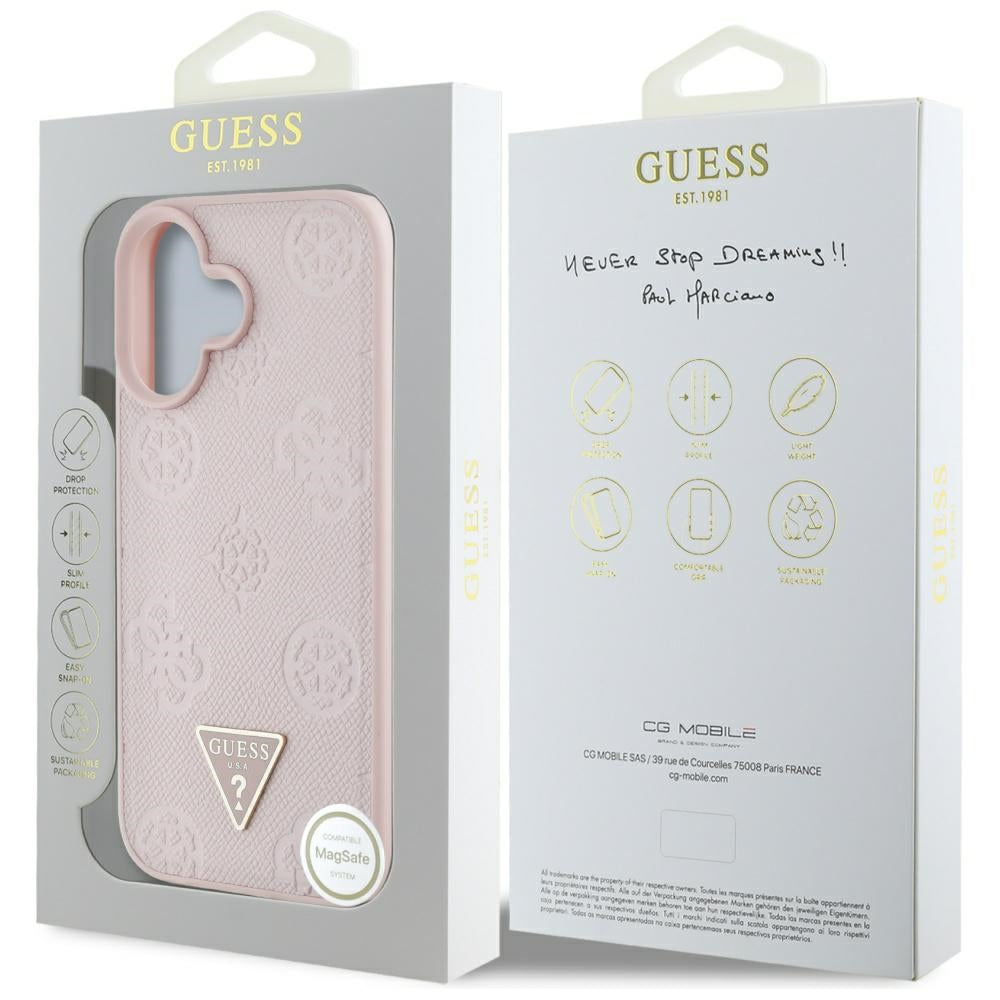 MagSafe Case for Apple iPhone 16, Guess, Peony Grained Hot Stamp Triangle, Pink
