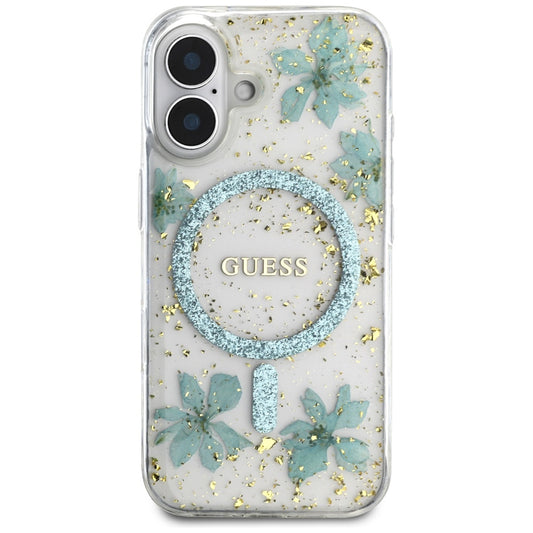 Custodia MagSafe per Apple iPhone 16, Guess, Resin Flowers and Glitter, Turchese