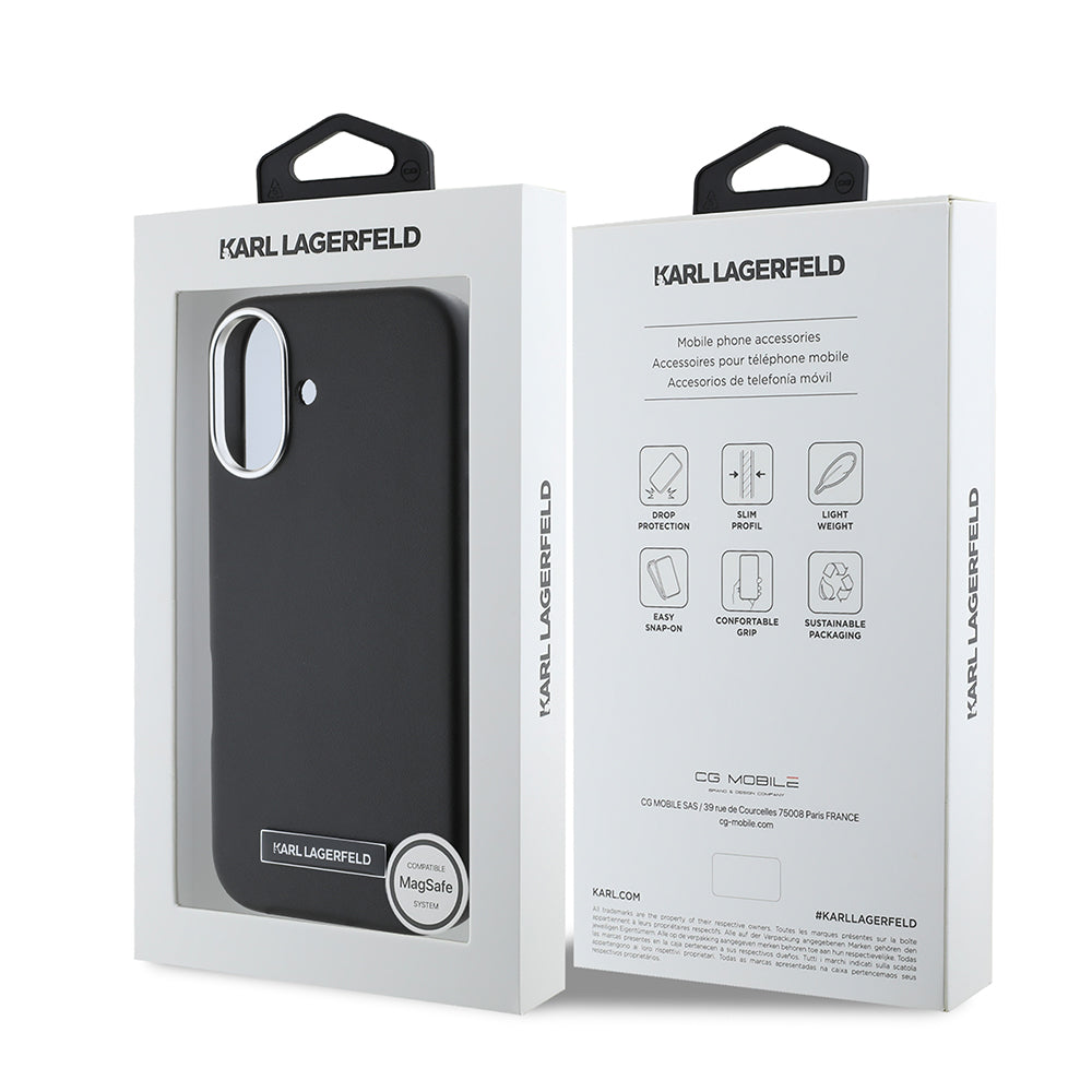 Custodia MagSafe per Apple iPhone 16, Karl Lagerfeld, FW Metal Plate, Nera