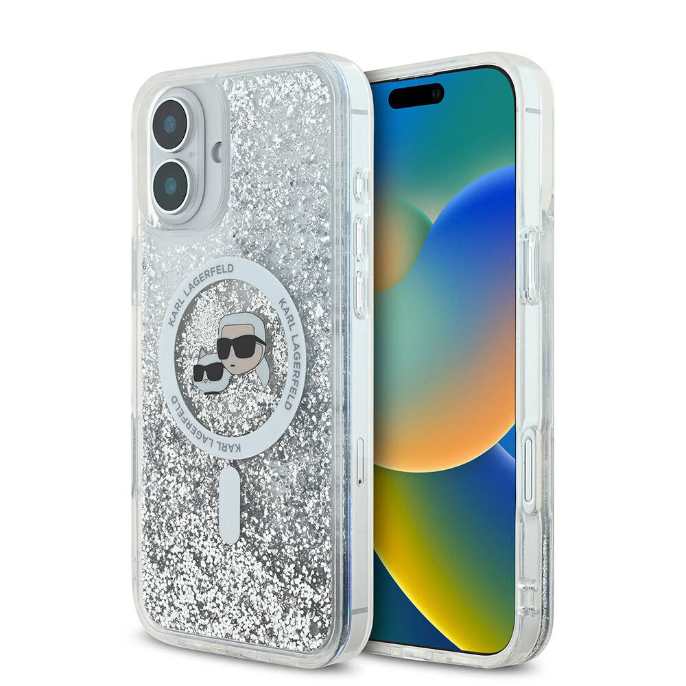 Custodia MagSafe per Apple iPhone 16, Karl Lagerfeld, Glitter Liquid Karl & Choupette's Heads, Trasparente