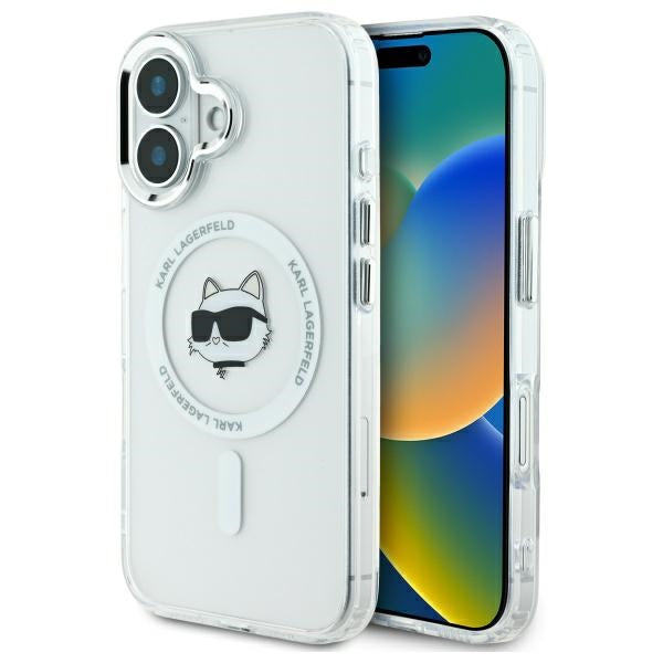 Custodia MagSafe per Apple iPhone 16, Karl Lagerfeld, IML Metal Choupette's Head, Bianca