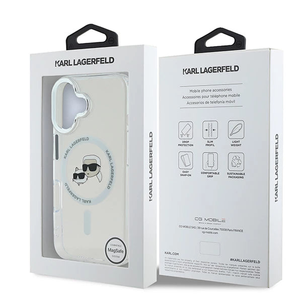 Custodia MagSafe per Apple iPhone 16, Karl Lagerfeld, IML Metal Karl & Choupette's Heads, Bianca