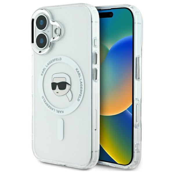 Custodia MagSafe per Apple iPhone 16, Karl Lagerfeld, IML Metal Karl's Head, Bianca