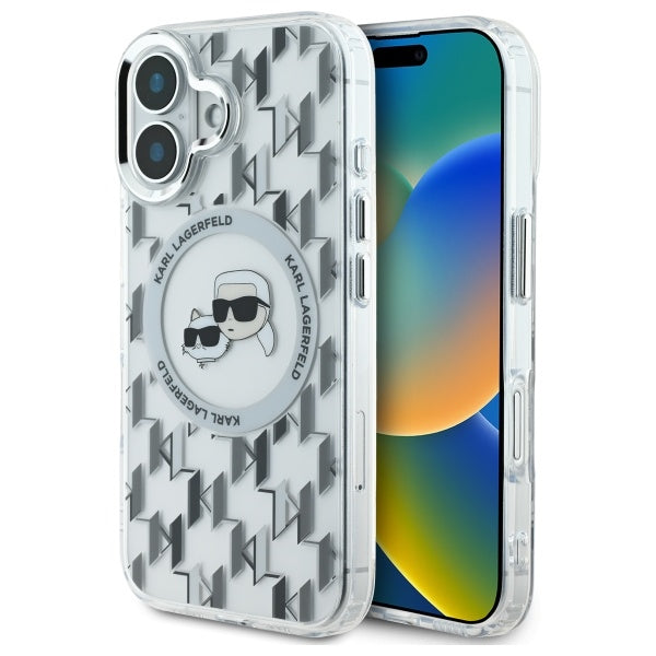 Custodia MagSafe per Apple iPhone 16, Karl Lagerfeld, IML Monogramma Karl & Choupette's Heads, Trasparente