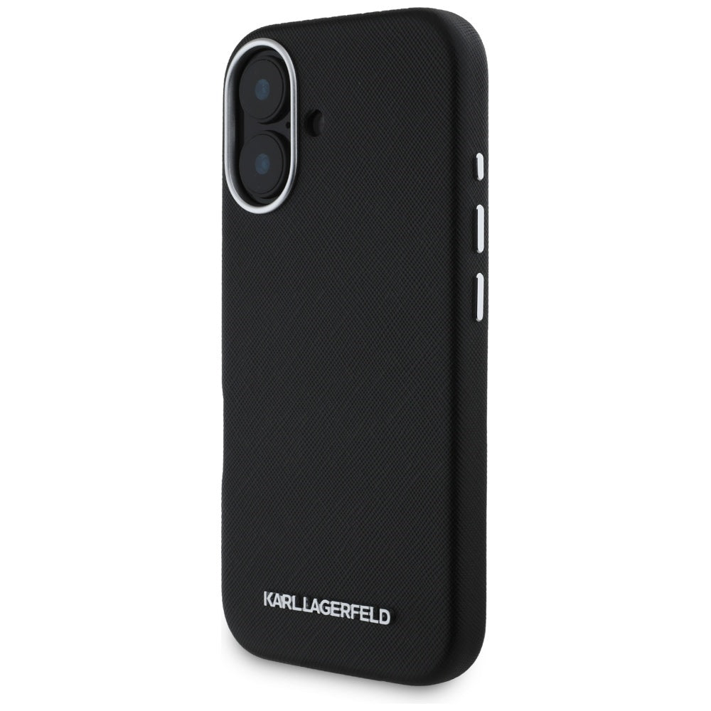Custodia MagSafe per Apple iPhone 16, Karl Lagerfeld, Saffiano Full Wrapped Elongated Metal Logo, Nera
