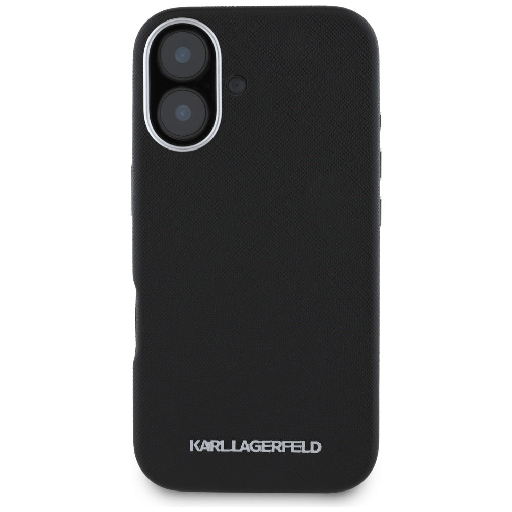 Custodia MagSafe per Apple iPhone 16, Karl Lagerfeld, Saffiano Full Wrapped Elongated Metal Logo, Nera