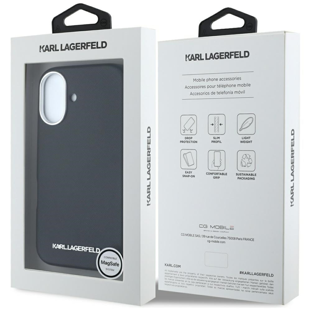 Custodia MagSafe per Apple iPhone 16, Karl Lagerfeld, Saffiano Full Wrapped Elongated Metal Logo, Nera