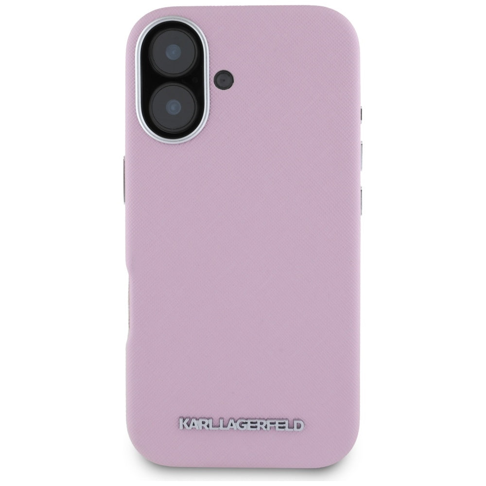 Custodia MagSafe per Apple iPhone 16, Karl Lagerfeld, Saffiano Full Wrapped Elongated Metal Logo, Rosa