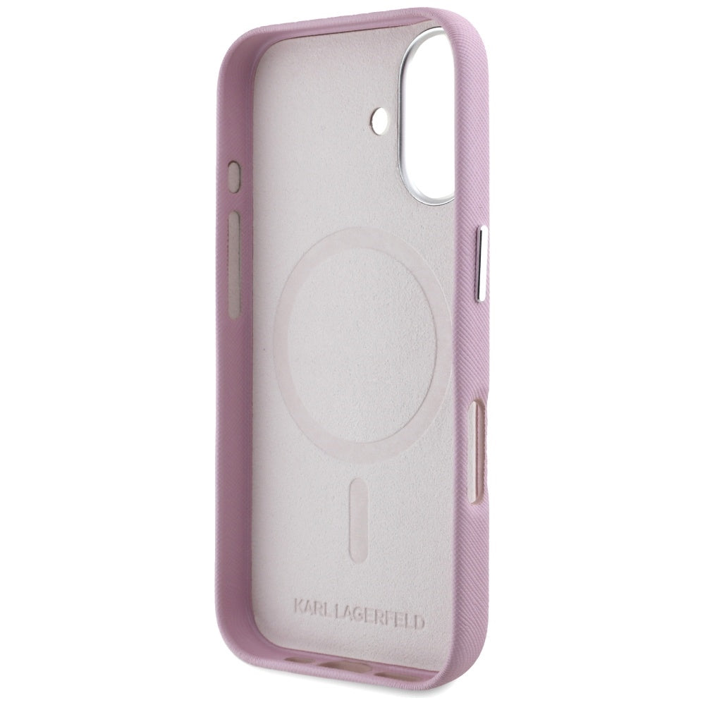 Custodia MagSafe per Apple iPhone 16, Karl Lagerfeld, Saffiano Full Wrapped Elongated Metal Logo, Rosa