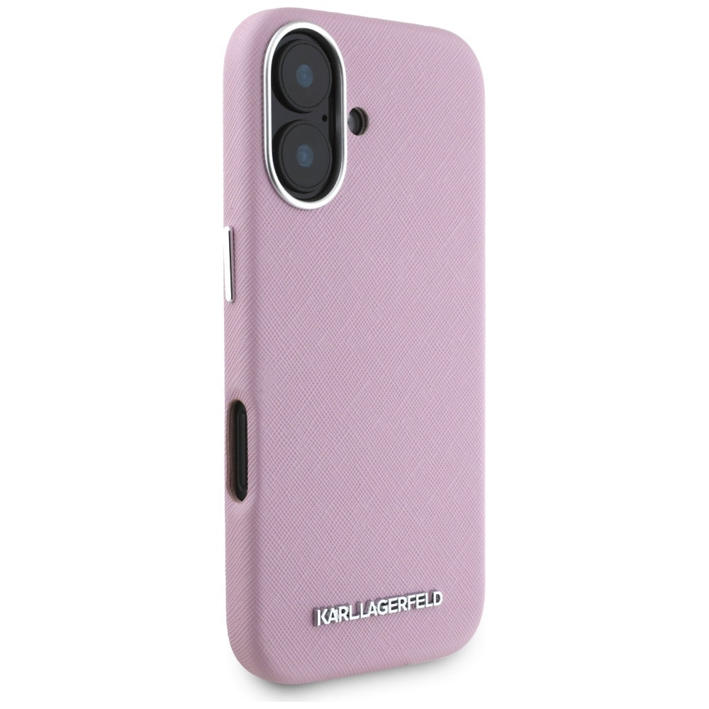 Custodia MagSafe per Apple iPhone 16, Karl Lagerfeld, Saffiano Full Wrapped Elongated Metal Logo, Rosa