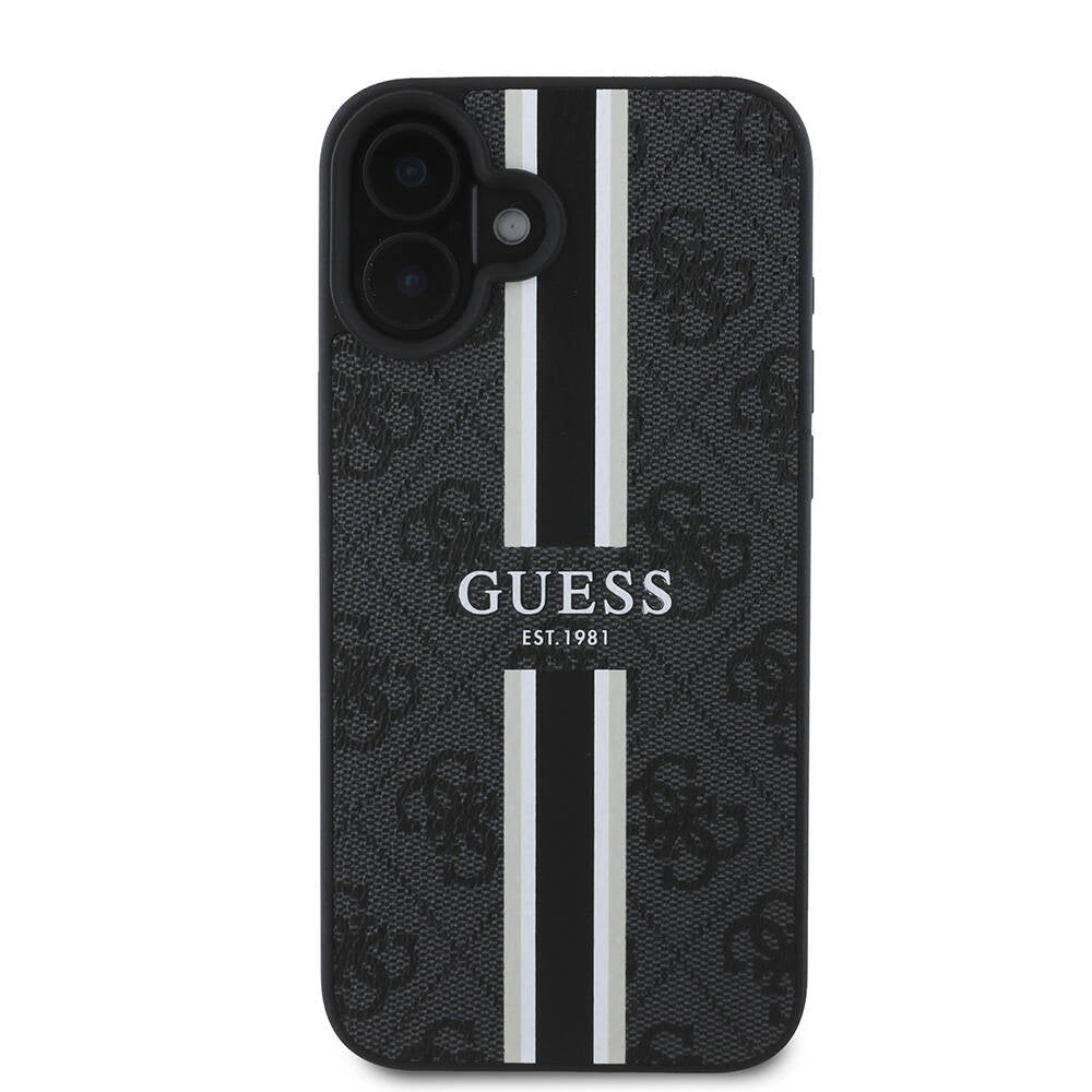 Custodia MagSafe per Apple iPhone 16 Plus, Guess, 4G Printed Stripes, Nera
