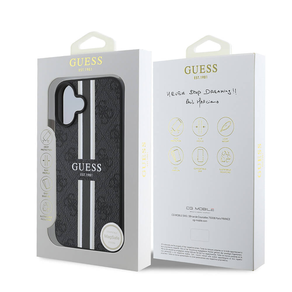 Custodia MagSafe per Apple iPhone 16 Plus, Guess, 4G Printed Stripes, Nera