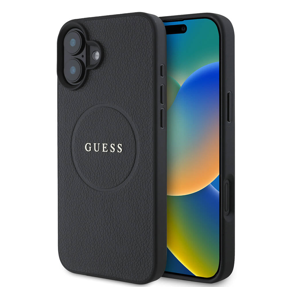 Custodia MagSafe per Apple iPhone 16 Plus, Guess, Grained Gold Ring, Nera
