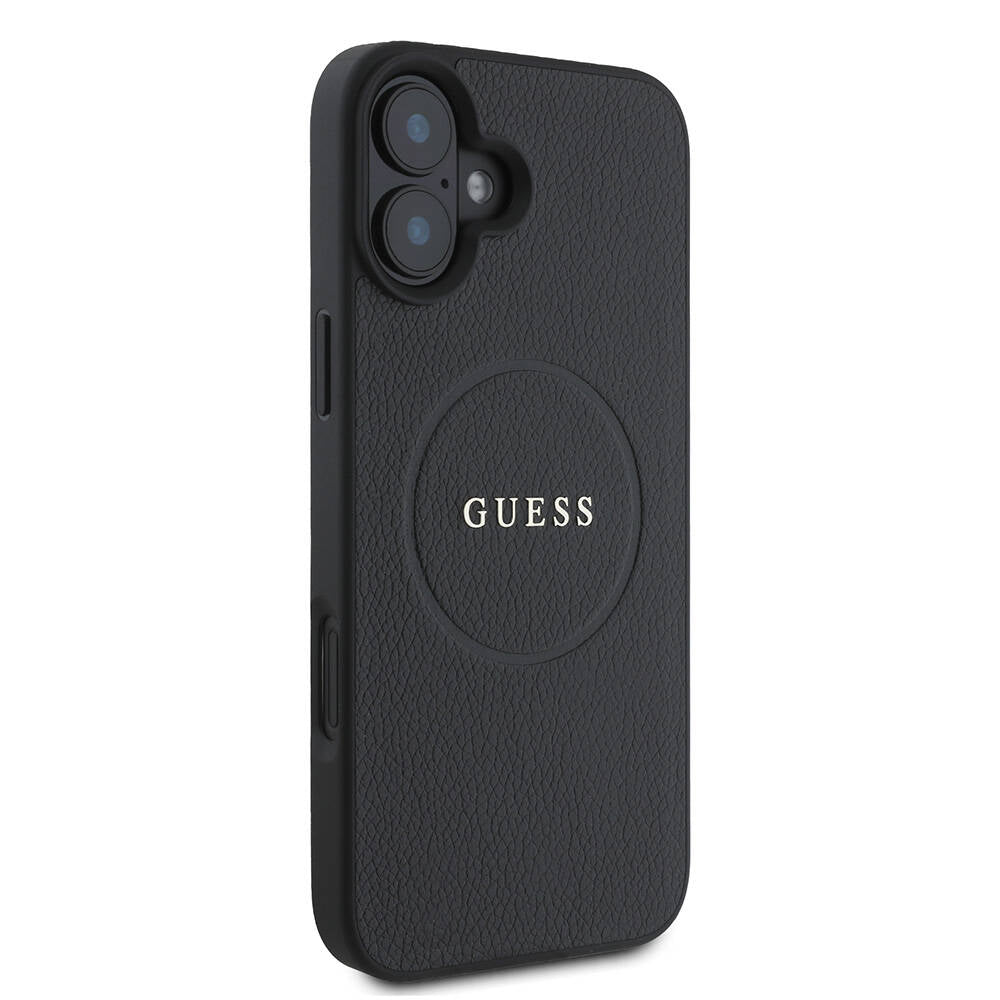 Custodia MagSafe per Apple iPhone 16 Plus, Guess, Grained Gold Ring, Nera