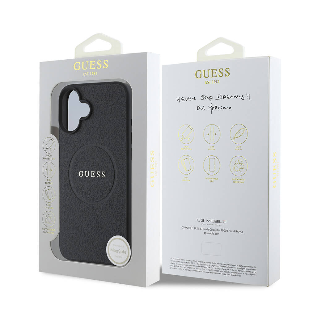 Custodia MagSafe per Apple iPhone 16 Plus, Guess, Grained Gold Ring, Nera