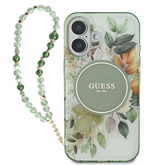 Custodia MagSafe per Apple iPhone 16 Plus, Guess, IML Flowers with Pearl Strap, Verde