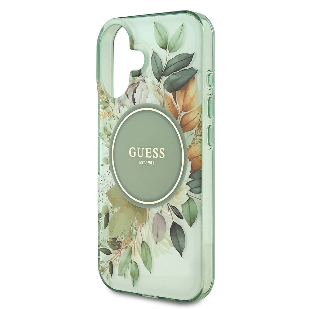 Custodia MagSafe per Apple iPhone 16 Plus, Guess, IML Flowers with Pearl Strap, Verde