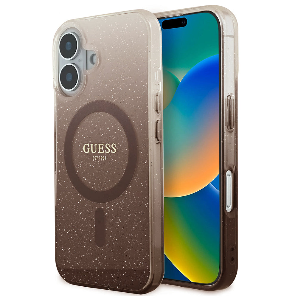 Custodia MagSafe per Apple iPhone 16 Plus, Guess, IML Glitter Gradient, Marrone