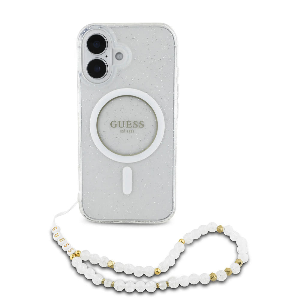 Custodia MagSafe per Apple iPhone 16 Plus, Guess, IML Glitter con Cinturino di Perle, Trasparente