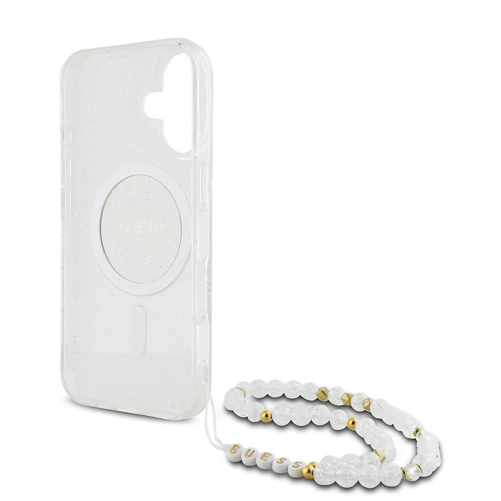 Custodia MagSafe per Apple iPhone 16 Plus, Guess, IML Glitter con Cinturino di Perle, Trasparente