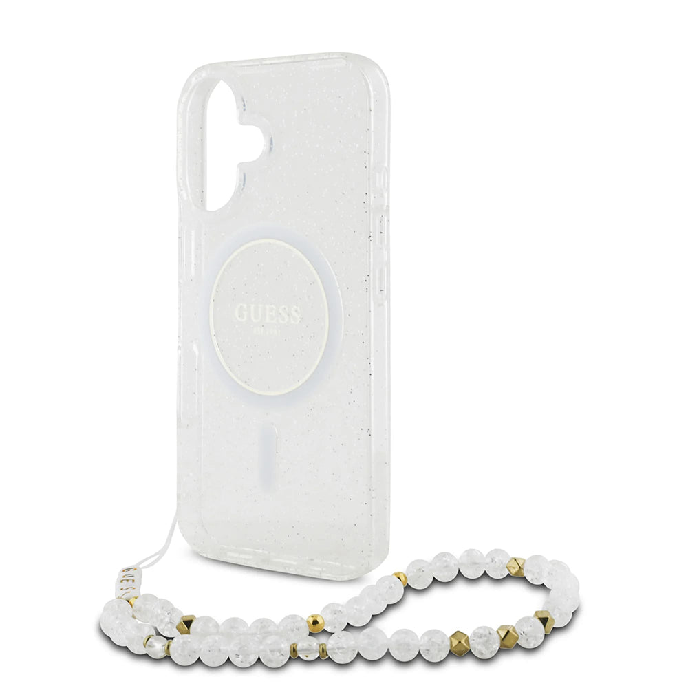 Custodia MagSafe per Apple iPhone 16 Plus, Guess, IML Glitter con Cinturino di Perle, Trasparente
