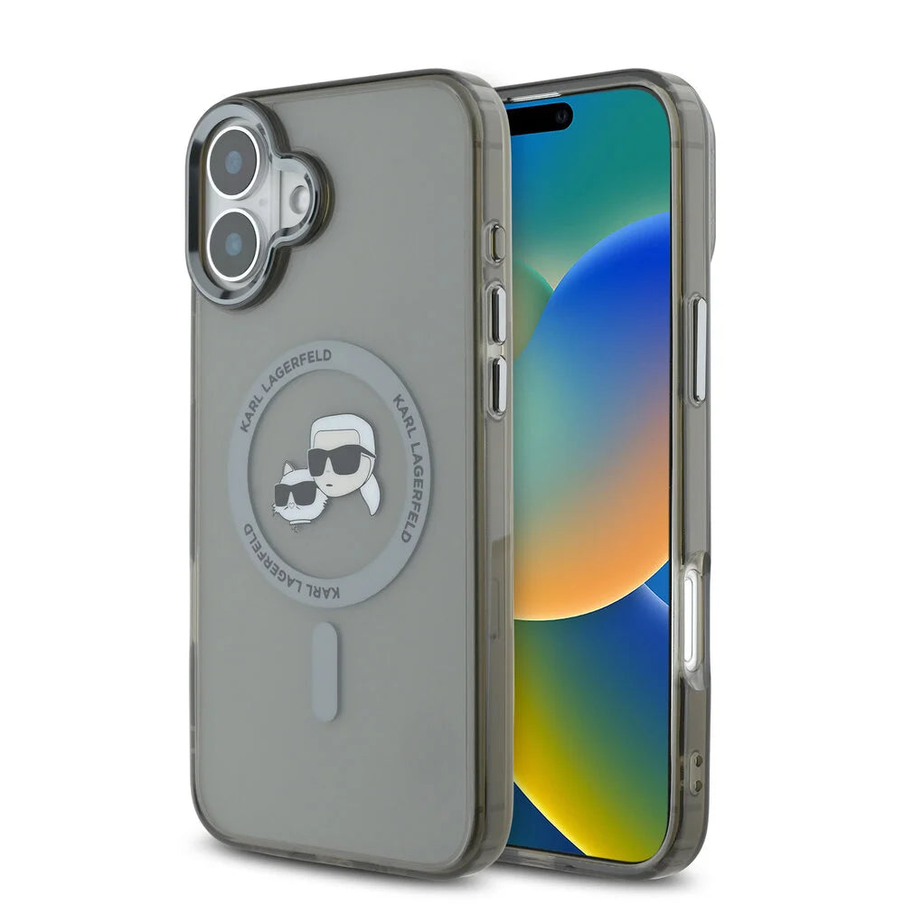 Custodia MagSafe per Apple iPhone 16 Plus, Karl Lagerfeld, IML Metal Karl & Choupette's Heads, Nera