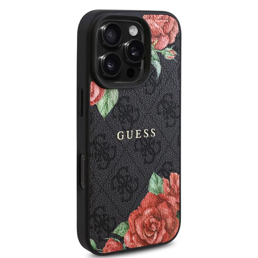 Custodia MagSafe per Apple iPhone 16 Pro, Guess, 4G Flowers Print, Nera