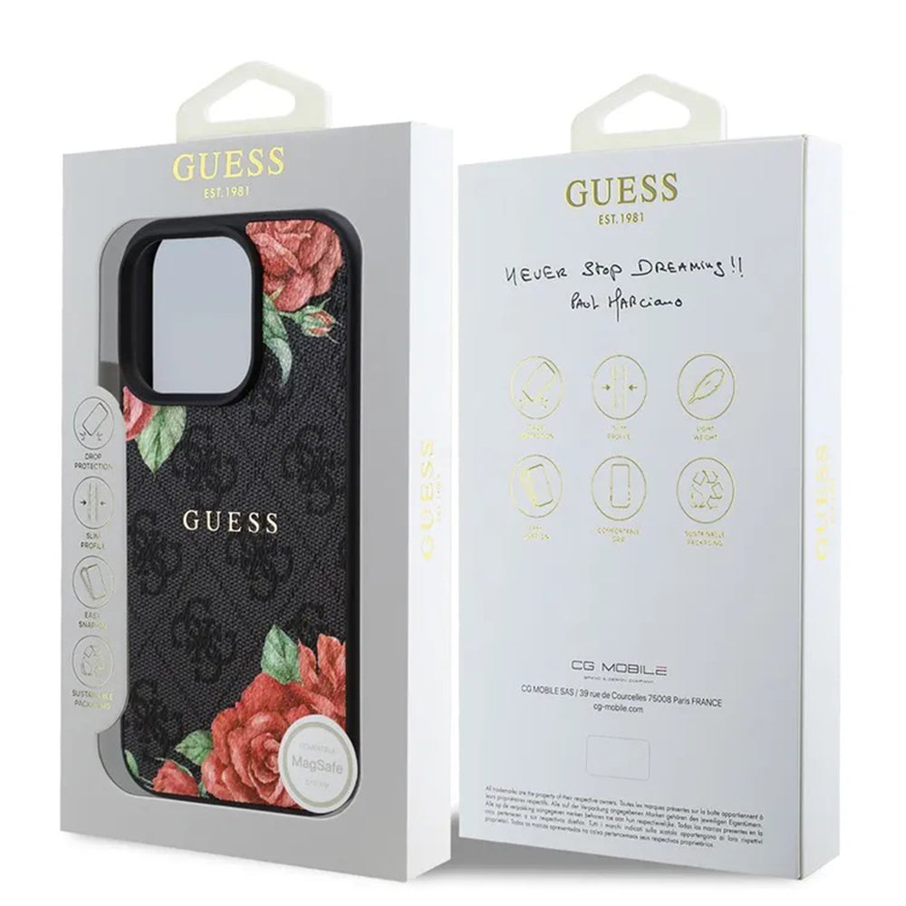 Custodia MagSafe per Apple iPhone 16 Pro, Guess, 4G Flowers Print, Nera