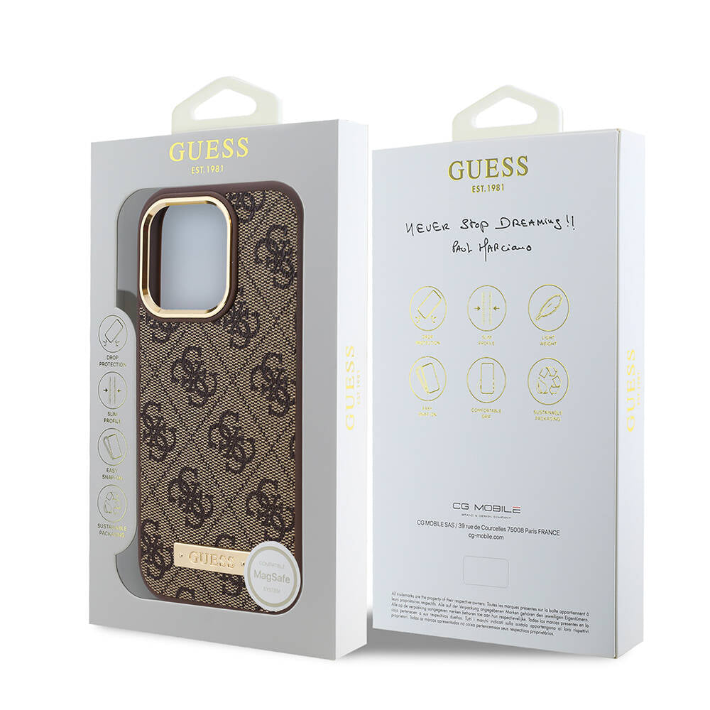 Custodia MagSafe per Apple iPhone 16 Pro, Guess, 4G Logo Plate, Marrone
