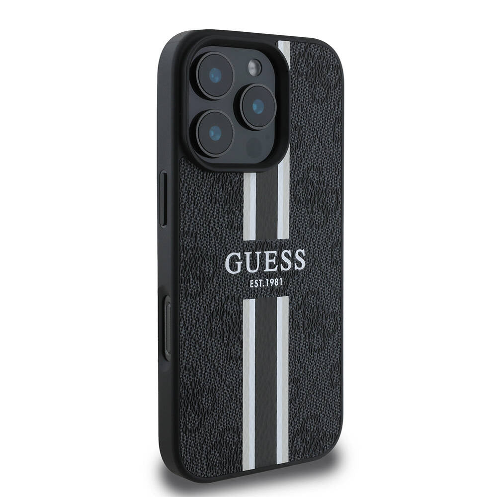 Custodia MagSafe per Apple iPhone 16 Pro, Guess, 4G Printed Stripes, Nera