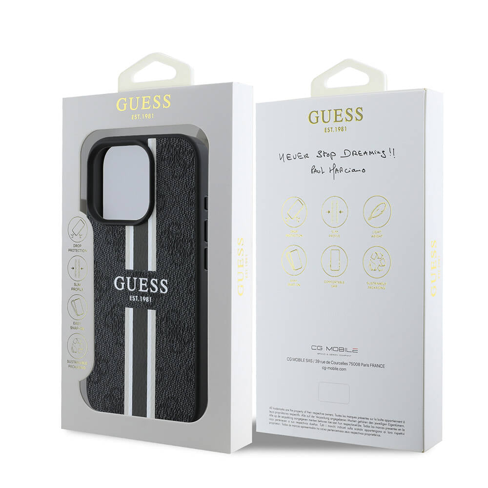 Custodia MagSafe per Apple iPhone 16 Pro, Guess, 4G Printed Stripes, Nera