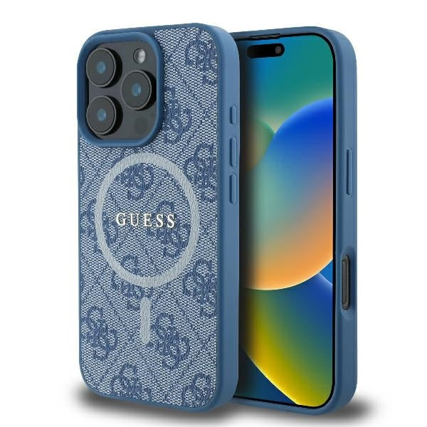Custodia MagSafe per Apple iPhone 16 Pro, Guess, 4G Ring Classic Logo, Blu