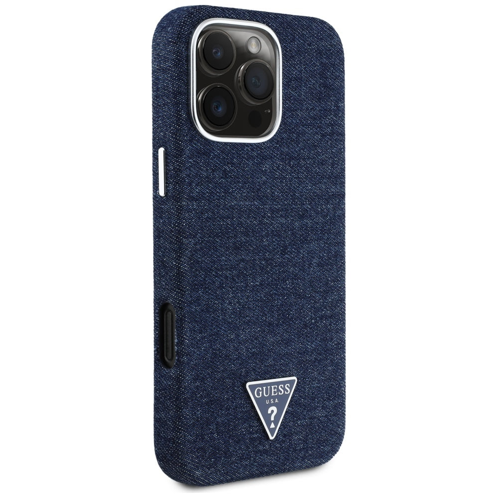 Custodia MagSafe per Apple iPhone 16 Pro, Guess, Denim Triangle Logo, Blu