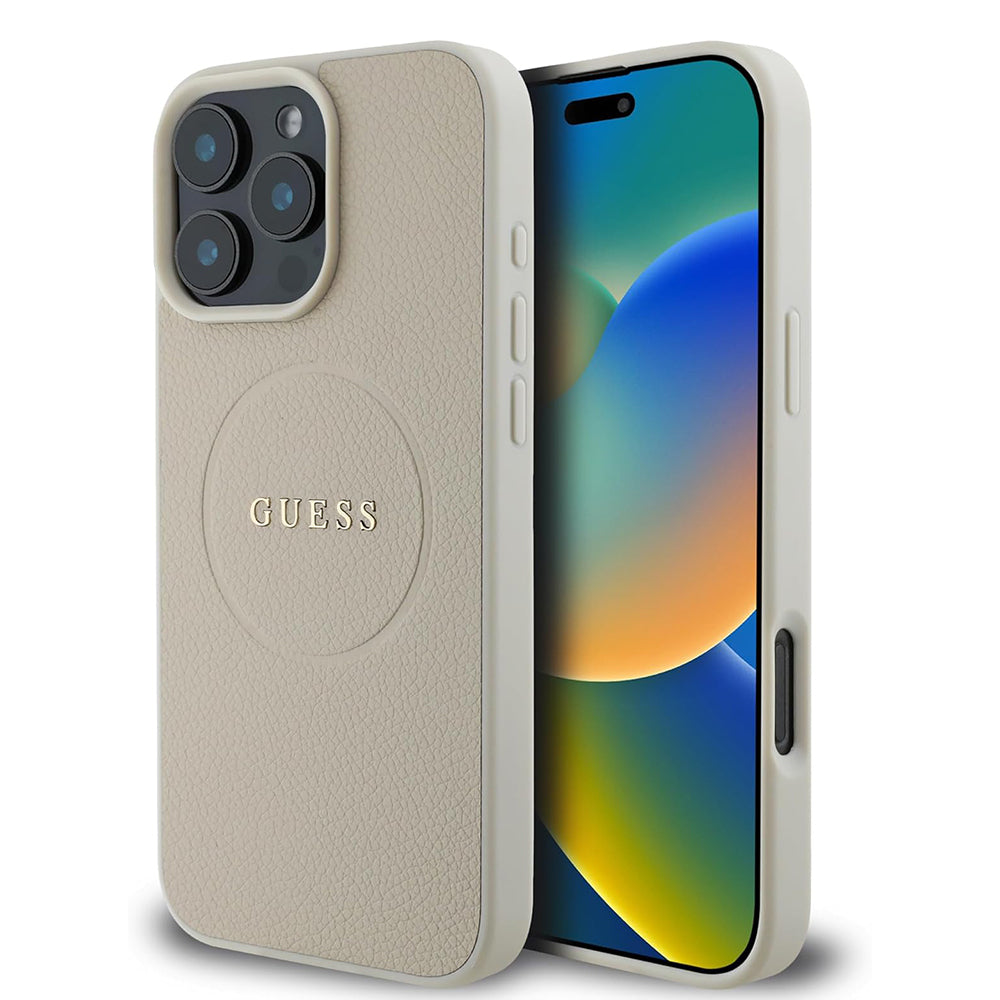 Custodia MagSafe per Apple iPhone 16 Pro, Guess, Grained Gold Ring, Beige