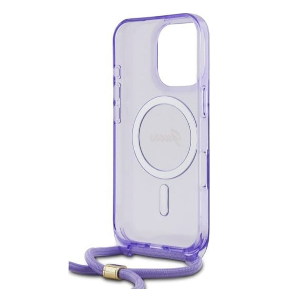 Custodia MagSafe per Apple iPhone 16 Pro, Guess, IML Crossbody Cord Script, Viola