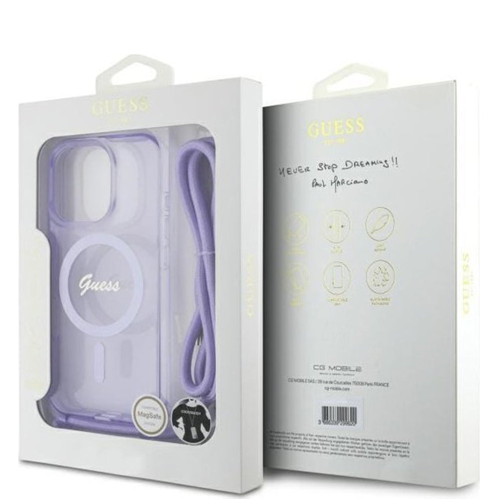 Custodia MagSafe per Apple iPhone 16 Pro, Guess, IML Crossbody Cord Script, Viola
