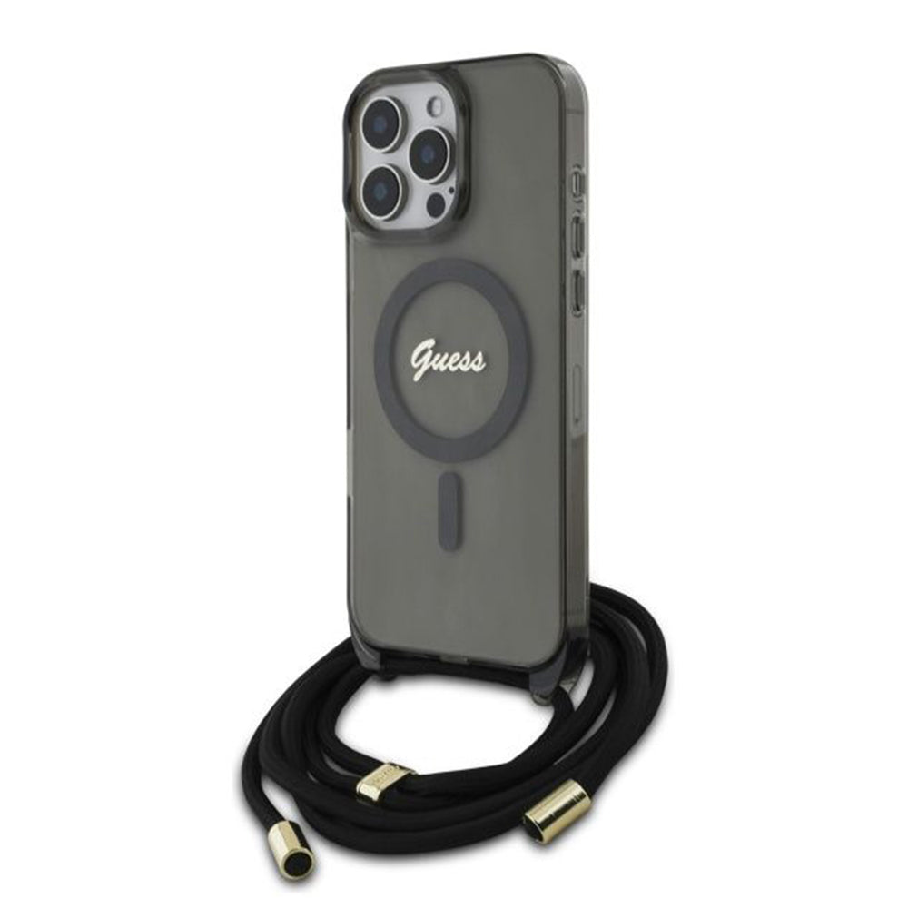 Custodia MagSafe per Apple iPhone 16 Pro, Guess, IML Crossbody Cord Script, Nera