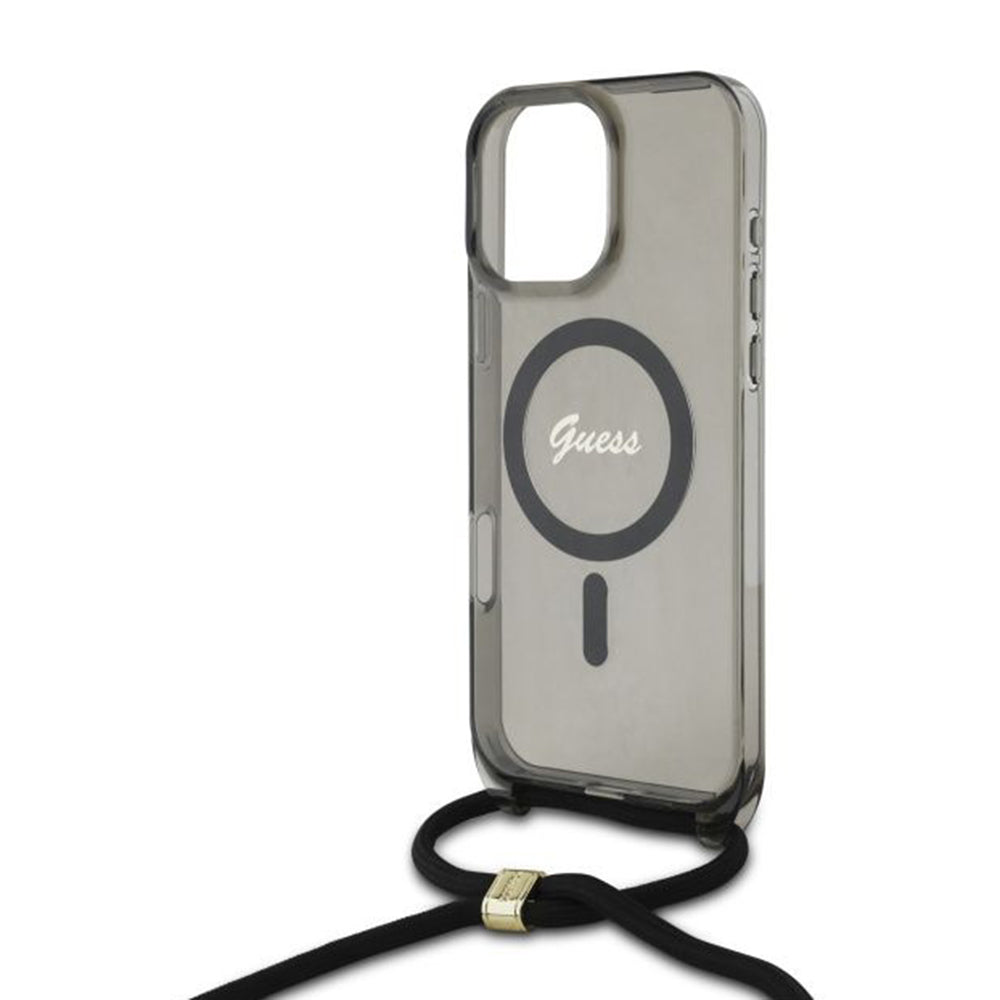 Custodia MagSafe per Apple iPhone 16 Pro, Guess, IML Crossbody Cord Script, Nera