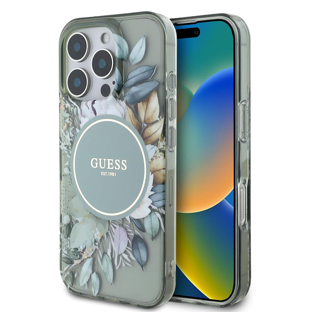 Custodia MagSafe per Apple iPhone 16 Pro, Guess, IML Flower & Tonal Circle, Verde