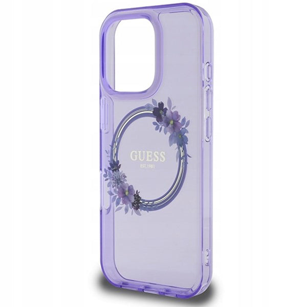 Custodia MagSafe per Apple iPhone 16 Pro, Guess, IML Flowers Wreath, Viola