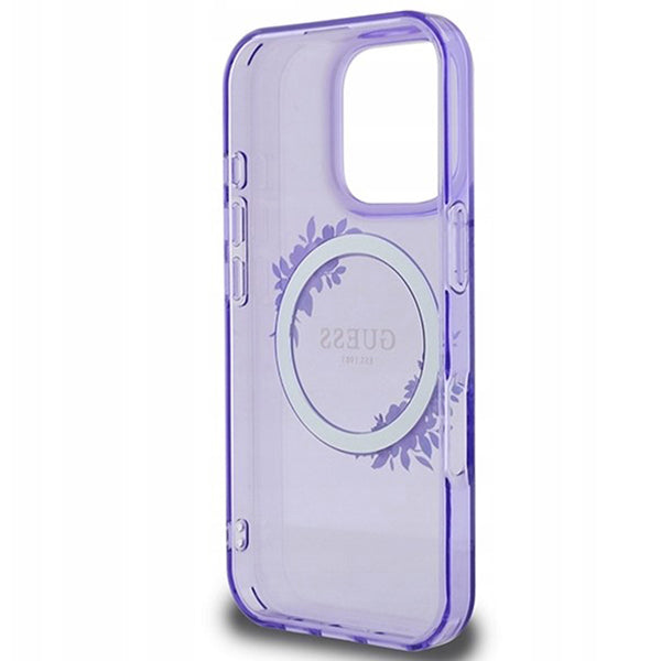 Custodia MagSafe per Apple iPhone 16 Pro, Guess, IML Flowers Wreath, Viola
